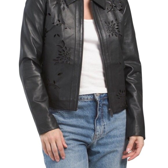 Bod & Christensen Jackets & Blazers - Bod & Christensen Laser-Cut Black Leather Jacket Floral Design Size XL New